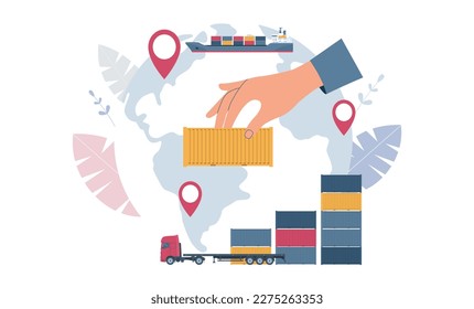 Logistic service concept. World map, truck, ship and a hand holding a container. Vector illustration.
