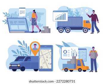 Conjunto de servicios logísticos. Colección de hombres y mujeres con cajas. Comercio internacional, envío, importación y exportación de paquetes, transporte. Ilustraciones de caricaturas de vectores planos aisladas en fondo blanco