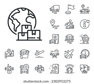 Logistic service sign. Plane, supply chain and place location outline icons. International delivery line icon. Export freight boxes symbol. International delivery line sign. Vector