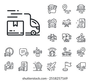 Logistic service sign. Plane, supply chain and place location outline icons. Delivery truck line icon. Export freight boxes symbol. Delivery truck line sign. Taxi transport, rent a bike icon. Vector