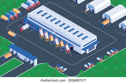 Logistic service warehouse storage facilities isometric view of distribution center terminal loading discharging cargo trucks vector illustration