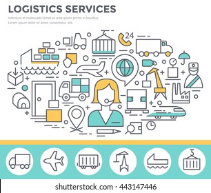 Logistic services concept illustration, thin line flat design