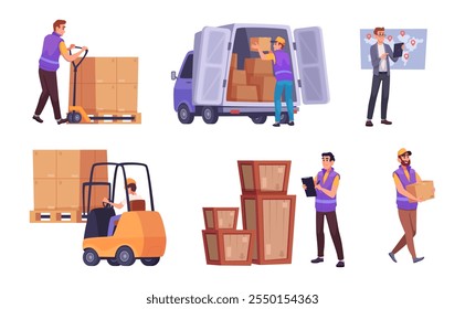 Serviços logísticos. Trabalhadores de depósito otimizando cadeias de distribuição de vendedores para clientes ilustração do conceito de mercadorias de movimentação de vetor exato