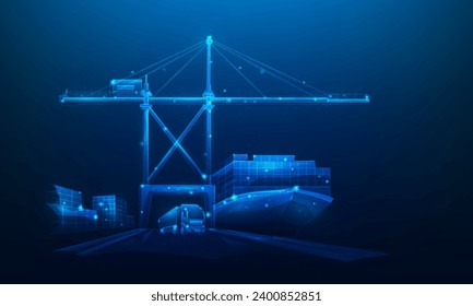 logistic ship loading cargo and crane on port digital low poly on blue background. international shipping transport business. trading network.