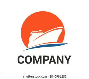 Logistic Ship For Shipping Import Export Trade Sail Over Ocean Flat Design Style Logo Illustration With Orange Sunset Color