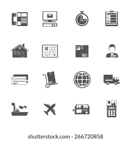 Logistic and shipping flat black and white icon collection isolated vector illustration.