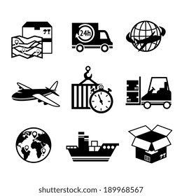 Logistic shipping freight service supply delivery black and white icons set isolated vector illustration