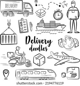 Logistic shipping freight service supply icons. Hand drawn doodle icons set isolated vector illustration on white background