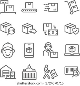 Logistic Shipping icon set vector illustration. Contains such icon as Warehouse, Courier, Delivery, Parcel, Container and more. Expanded Stroke