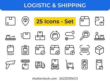 Conjunto de Ícones de Linha de Logística e Entrega. Símbolos de Pacote, Rastreamento, Transporte e Depósito. Traçado de vetor editável