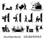 Logistic and shipping problem icons set. Vector illustrations of courier service and shipment issues due to broken parcel, thief, lost package, fail support, and customer complain.