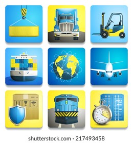 Logistic shipping realistic icons set of truck airplane train isolated vector illustration