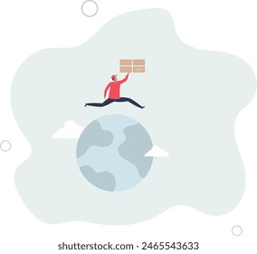 logistic shipping worker carrying big package parcel on the way to deliver running on globe.flat vector illustration.