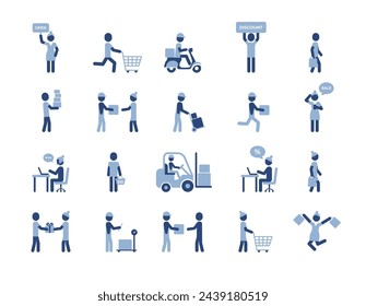 Logistic and shopping web interface, business tools, people poses, delivery service vector icons set. Simple style flat pictograms.