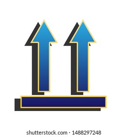 Logistic sign of arrows. Blue icon with gold contour with dark gray shadow at white background. Illustration.