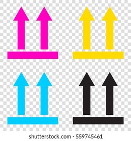 Logistic sign of arrows. CMYK icons on transparent background. Cyan, magenta, yellow, key, black.