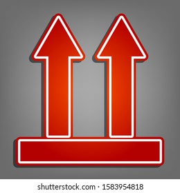 Logistic sign of arrows. Flat red icon with linear white icon with gray shadow at grayish background. Illustration.