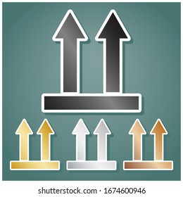Logistic sign of arrows. Set of metallic Icons with gray, gold, silver and bronze gradient with white contour and shadow at viridan background. Illustration.