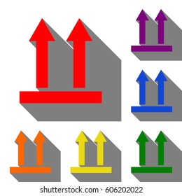 Logistic sign of arrows. Set of red, orange, yellow, green, blue and violet icons at white background with flat shadow.