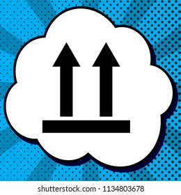 Logistic sign of arrows. Vector. Black icon in bubble on blue pop-art background with rays.