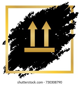 Logistic sign of arrows. Vector. Golden icon at black spot inside golden frame on white background.