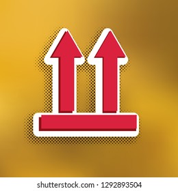 Logistic sign of arrows. Vector. Magenta icon with darker shadow, white sticker and black popart shadow on golden background.