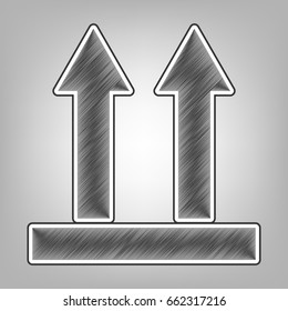 Logistic sign of arrows. Vector. Pencil sketch imitation. Dark gray scribble icon with dark gray outer contour at gray background.