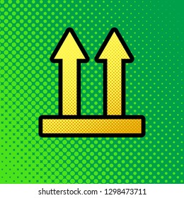 Logistic sign of arrows. Vector. Pop art orange to yellow dots-gradient icon with black contour at greenish background.