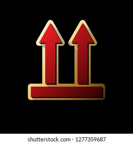 Logistic sign of arrows. Vector. Red icon with small black and limitless shadows at golden sticker on black background.