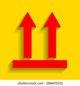 Logistic sign of arrows. Vector. Red icon with soft shadow on golden background.