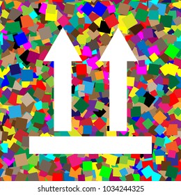 Logistic sign of arrows. Vector. White icon on colorful background with seamless pattern from squares.