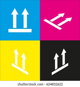 Logistic sign of arrows. Vector. White icon with isometric projections on cyan, magenta, yellow and black backgrounds.
