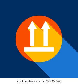 Logistic sign of arrows. Vector. White icon on tangelo circle with infinite shadow of light at cool black background. Selective yellow and bright navy blue are produced.