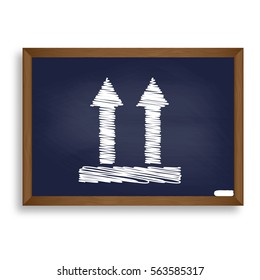Logistic sign of arrows. White chalk icon on blue school board with shadow as background. Isolated.