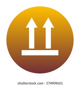 Logistic sign of arrows. White icon in circle with golden gradient as background. Isolated.