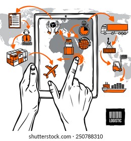 Logistic sketch concept with hand holding digital tablet shipping icons and world map vector illustration