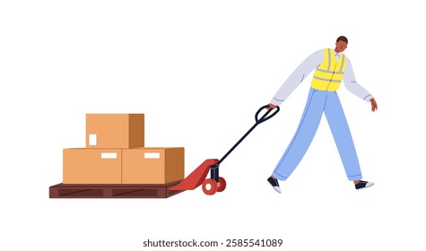 Logistic storage worker pulls heap of boxes with forklift. Loader carries cardboard packages with lifter. Handyman in reflective vest works in warehouse. Flat isolated vector illustration on white