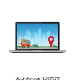 Logistic system Shipping, Delivery concept, Cargo Delivery, moving truck tracking  with pin locator symbol or GPS Navigation on laptop screen, 
