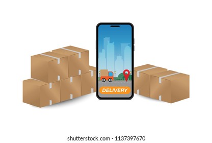 Logistic system Shipping, Delivery concept, Cargo Delivery, moving truck tracking with pin locator symbol or GPS Navigation on smartphone screen