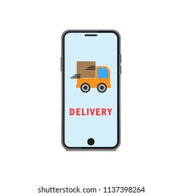 Logistic system Shipping, Delivery concept, Cargo Delivery, moving truck tracking with pin locator symbol or GPS Navigation on smartphone screen