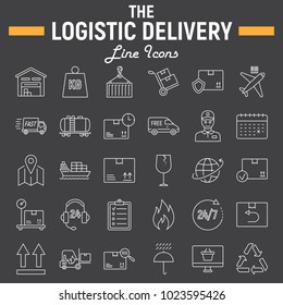 Logistic thin line icon set, Delivery symbols collection, vector sketches, logo illustrations, shipping signs linear pictograms package isolated on black background, eps 10.