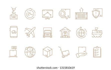 Logistic thin symbols. Delivering boxes and transport van free shipment sea freight vector outline icons collection