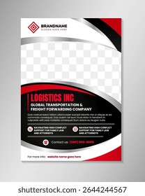 logistic Transport, global tansportation and freight forwarding company flyer template design on vertical layout. combination white, grey, and red gradient on element with black background.