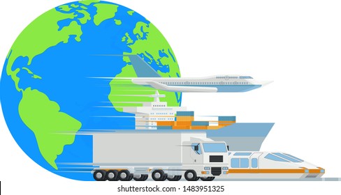 A logistic transport import export cargo world globe design with truck, train, air plane and ship