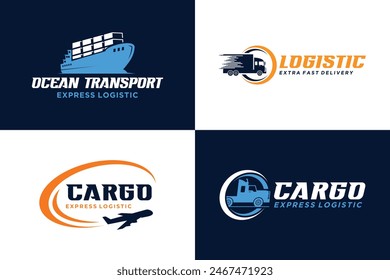 Logo de transporte logístico. Concepto de logotipo de carga, buque y avión