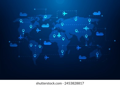 Logistik Transport Weltweit Globale Anbindung auf Landkarte Blau Hintergrund. Lieferung und Versand rund um die Welt. Vektorillustration Technologie Fantastisches Design.