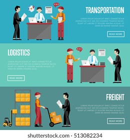 Logistic and transportation banners set of delivery process, isolated vector illustration. Truck and porters.