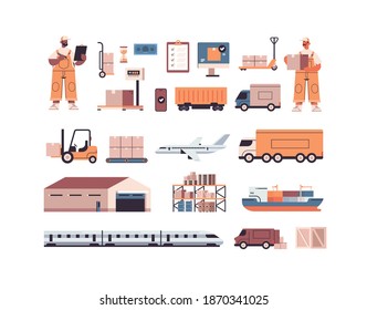 logistic transportation cargo symbols set of different transport and mix race deliverymen in uniform express delivery service concept horizontal isolated vector illustration