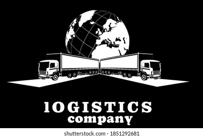 Logistic transportation company logo on black background, three truck and plane jet above them, monochrome vector template