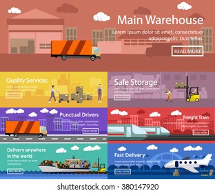 Logistic and transportation concept flat banners. Vector set of truck, ship, train and air transport delivery and shipping. Warehouse service.